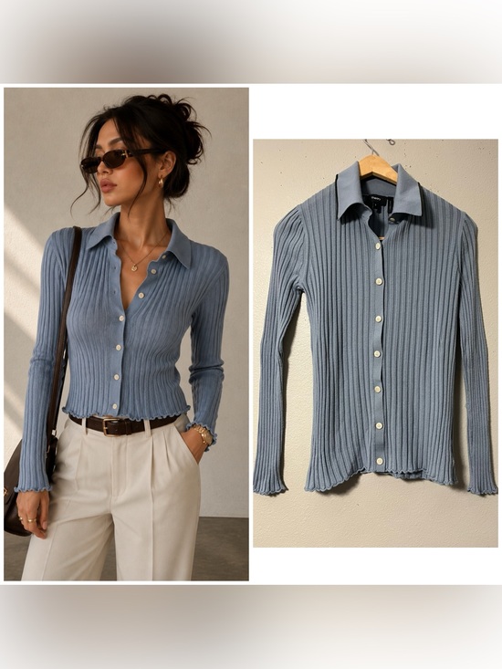 Theory Sweaters - Theory Ribbed Polo Sweater Womens Small Blue Long Sleeve Wool Knit Top  Preppy